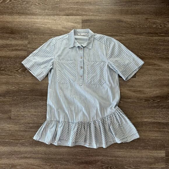 EUC Zara Blue White Striped Mini Shirtdress Size M Ruffle Hem Cotton Poplin - Picture 2 of 16